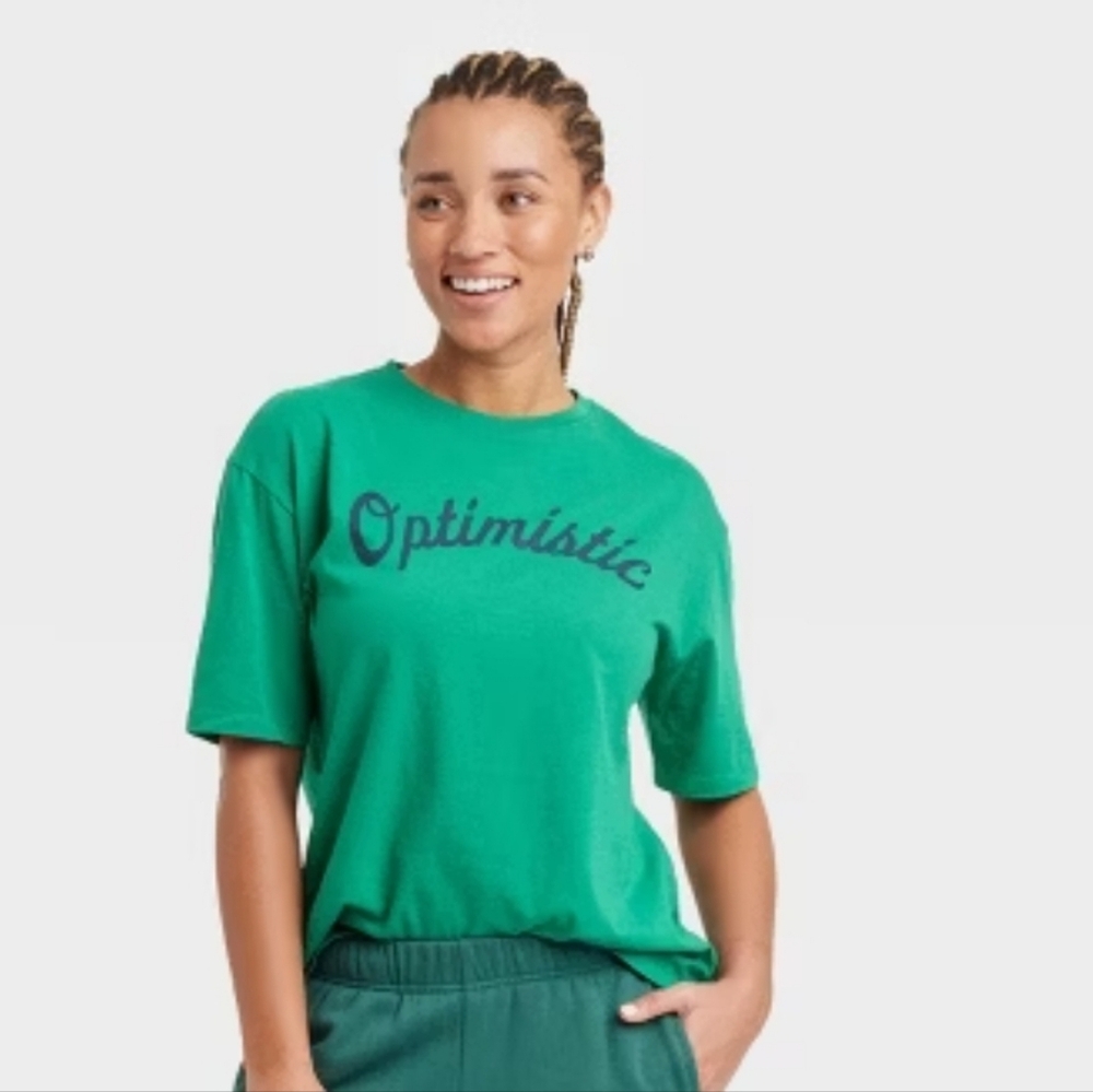 Optimistic Graphic Tee Size Small Green Navy Blue NWT!